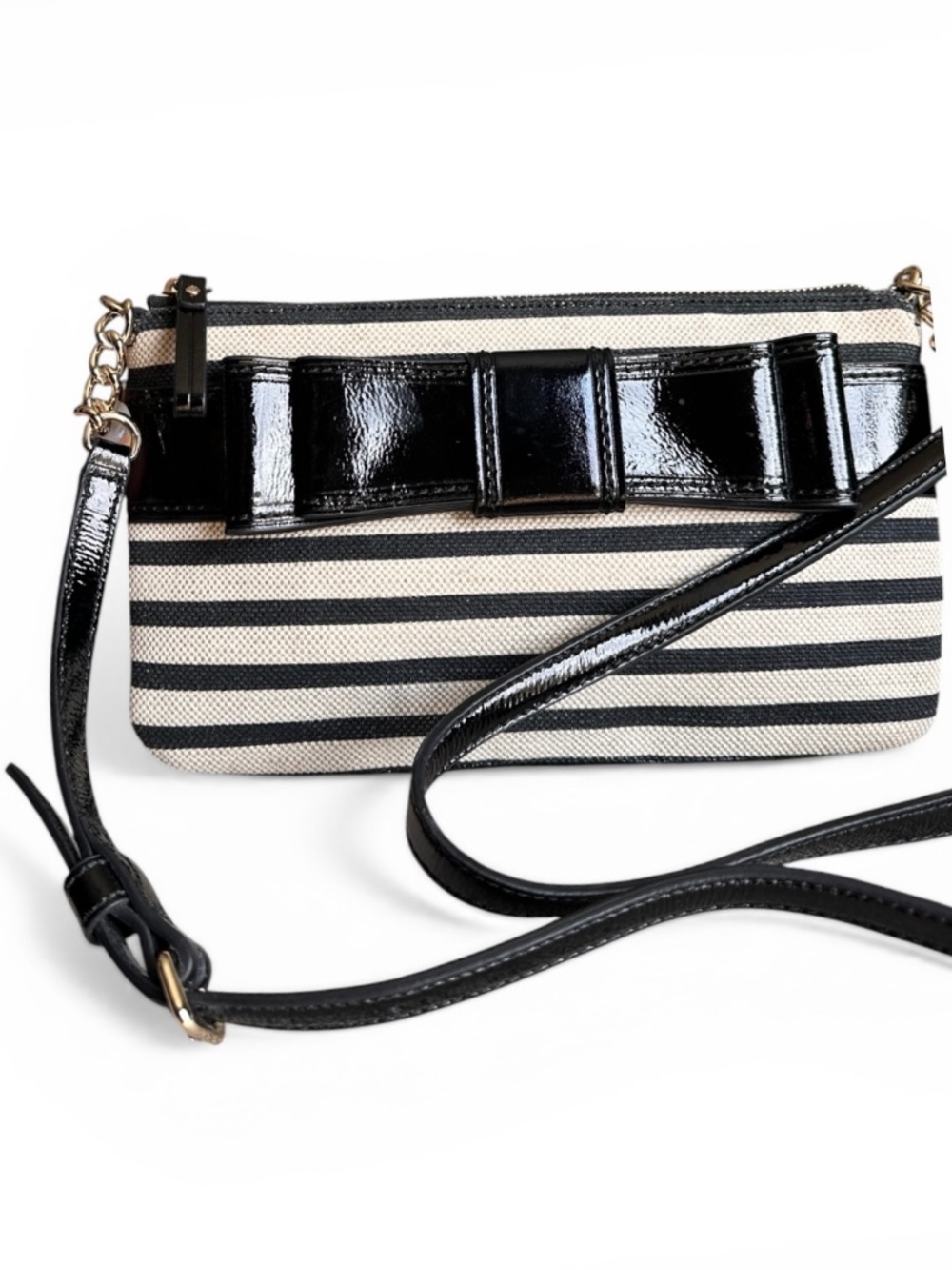 Kate Spade Celina Villabella Crossbody | Black Patent Bow Striped Bag Leather